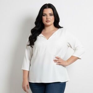 Eloquii Plus Size 20 White Split V-Neck Tunic Top 3/4 Sleeve Stretch Blouse
